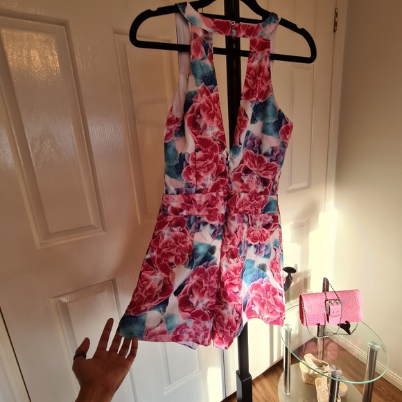 KNIGHT ANGEL 6 Pink Floral V Neck Sleeveless with Pockets Maxi Midi Romper Dress - Picture 9 of 16